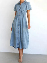Puff Sleeve Button Front Denim Midi Dress Woman Dress
