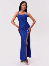 Slit Sequin Square Neck Spaghetti Strap Dress Royal Blue Cocktail Dress