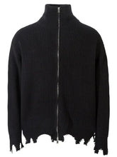 Men's Distressed Hem Ribbed Knit Zip-Up Cardigan Black Cardigans