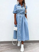 Full Size Button Down Roll-Up Sleeve Denim Shirt Dress Plus Size Woman Dress