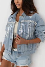 Sequin Fringe Trim Distressed Button Up Denim Jacket Medium Woman Outerwear