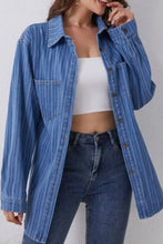 Striped Texture Collared Neck Denim Top Woman Tops