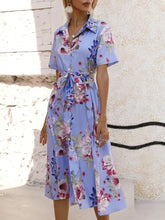 Printed Tie Waist Short Sleeve Midi Shirt Dress Woman Casual Dress