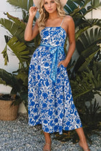 Floral Printed Spaghetti Strap Maxi Dress with Waist Tie Blue Woman Maxi Dress