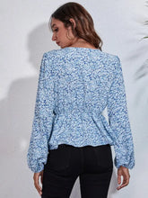 Floral V-Neck Balloon Sleeve Peplum Blouse Woman Blouses