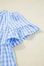 Gingham Short Sleeve Button Tie Split Neck Loose Mini Dress Casual Dresses