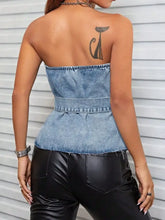 Frayed Hem Button Detail Tube Top Woman Denim Tops
