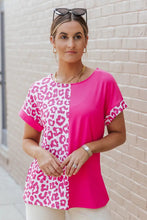 Leopard Two-Tone Round Neck Tee Hot Pink Woman T Shirts