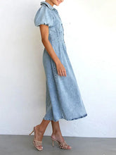 Puff Sleeve Button Front Denim Midi Dress Woman Dress