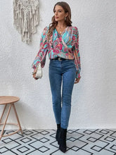 Printed Surplice Smocked Lantern Sleeve Blouse Woman Blouses