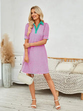 Contrast Striped Short Sleeve Mini Dress Fuchsia Pink Woman Casual Dress