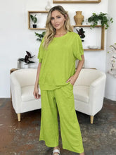 Double Take Full Size Texture Round Neck Short Sleeve T-Shirt and Wide Leg Pants Woman Two-Piece Sets