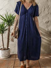 V Neck Buttoned Front Shirred Back Short Sleeve Midi Dress Navy Woman Casual Dress