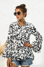 Printed Flare Sleeve Tie Neck Ruffle Trim Blouse White Woman Blouses