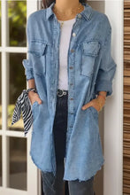 Full Size Pocketed Button Up Long Sleeve Denim Jacket Light Blue Woman Outerwear