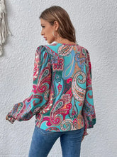 Printed Surplice Smocked Lantern Sleeve Blouse Woman Blouses