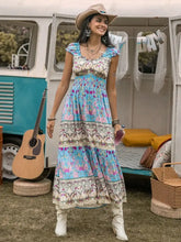 Frill Printed Cap Sleeve Dress Light Blue Woman Casual Dress