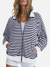 Striped Zip Up Long Sleeve Sweatshirt White Woman Sweatshirts