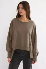 Exposed Seam High-Low Long Sleeve Sweatshirt Taupe One Size Woman Sweatshirts