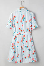 Stripe Floral Pattern Ruffle Short Sleeve Belted Mini Dress Woman Casual Dress
