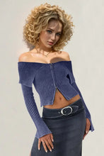 Double Take Ribbed Off-Shoulder Zip Up Long Sleeve Cardigan Blue Purple Woman Outerwear