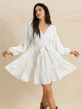 Tiered Tie Neck Long Sleeve Mini Dress Casual Dresses