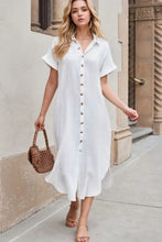 Button Down Short Sleeve Midi Shirt Dress White Woman Casual Dress