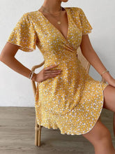 Floral Flutter Sleeve Wrap Mini Dress Gold Woman Casual Dress