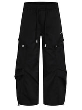 Men's Cargo Wide Leg Pants with Drawstring Black Woman Sweatpants
