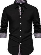 Men's Button-Down Shirt with Checkered Contrast Trim Black Mens Tops