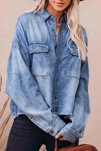 Collared Neck Raw Hem Long Sleeve Denim Shirt Woman Denim Tops