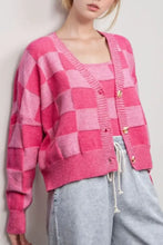 Checkered V-Neck Long Sleeve Cardigan Hot Pink Woman Outerwear