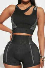 Asymmetrical Neck Striped Tank and Shorts Active Set Black Woman Activewear