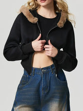 Zip Up Long Sleeve Fuzzy Hem Hooded Jacket Woman Outerwear
