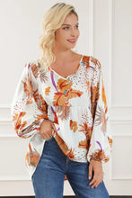 Printed V-Neck Smocked Balloon Sleeve Blouse Woman Blouses