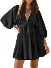Textured V-Neck Mini Dress Black Woman Casual Dress
