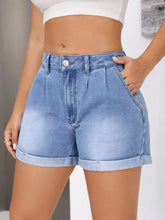 Rolled Hem Mid-Rise Waist Denim Shorts Light Denim Shorts