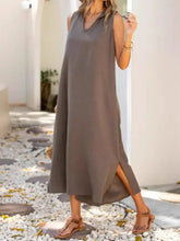 Full Size Side Slit Sleeveless Midi Dress Plus Size Taupe Casual Dresses