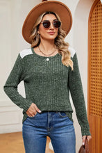 Eyelet Ribbed Round Neck Long Sleeve T-Shirt Woman T Shirts