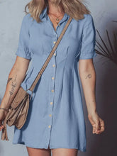 Denim Pleated Slim Waist Short Sleeve Shirt Dress Woman Dress