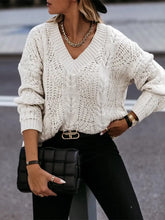 V-Neck Cable-Knit Long Sleeve Sweater Ivory Sweater Pullovers