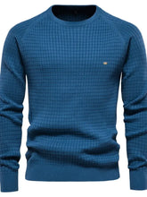 Texture Round Neck Long Sleeve Sweater Peacock Blue Mens Tops
