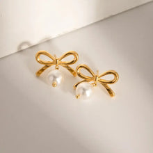 Stainless Steel Bow Pearl Earrings Gold One Size Earrings