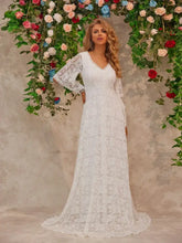 Elegant White Lace Long Sleeve Wedding Dress With Bell Sleeves Maxi Dresses