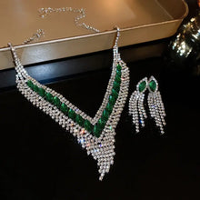 Green and Silver Rhinestone Jewelry Set Necklace and Earrings Fashion Jewelry