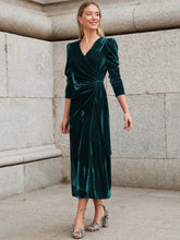 Emerald Green Velvet Midi Wrap Dress Evening Style Dark Green Evening Dresses