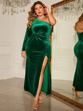Emerald Green Velvet One-Shoulder Maxi Dress with Sleeve Length Detail Maxi Dresses