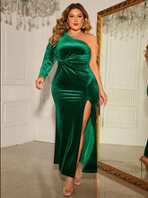 Emerald Green Velvet One-Shoulder Maxi Dress with Sleeve Length Detail Green Maxi Dresses