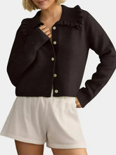 Frill Button Up Collared Neck Long Sleeve Cardigan Black Woman Outerwear