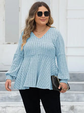 Plus Size Ribbed V-Neck Long Sleeve Blouse Woman Blouses